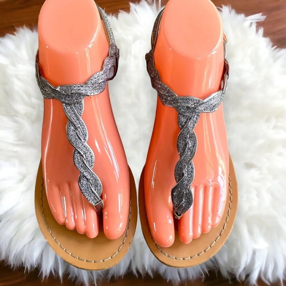 Womens Thong Sandals Silver Braided Strap Ankle Buckle Comfort Casual - Picture 9 of 12